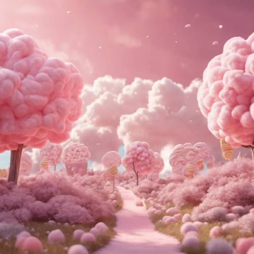 一片美妙的淡粉色卡哇伊土地，有棒棒糖树和棉花糖云。