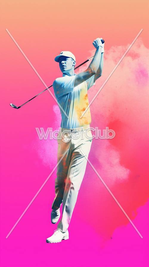 明るいピンクの背景でゴルファーがアクションする壁紙