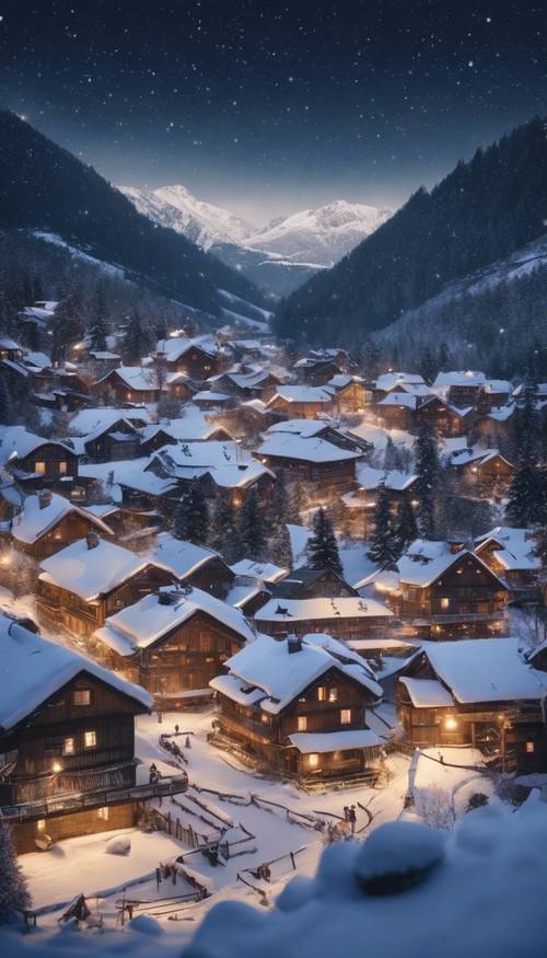 A picturesque mountain village dusted in fresh snow under a starry winter night.