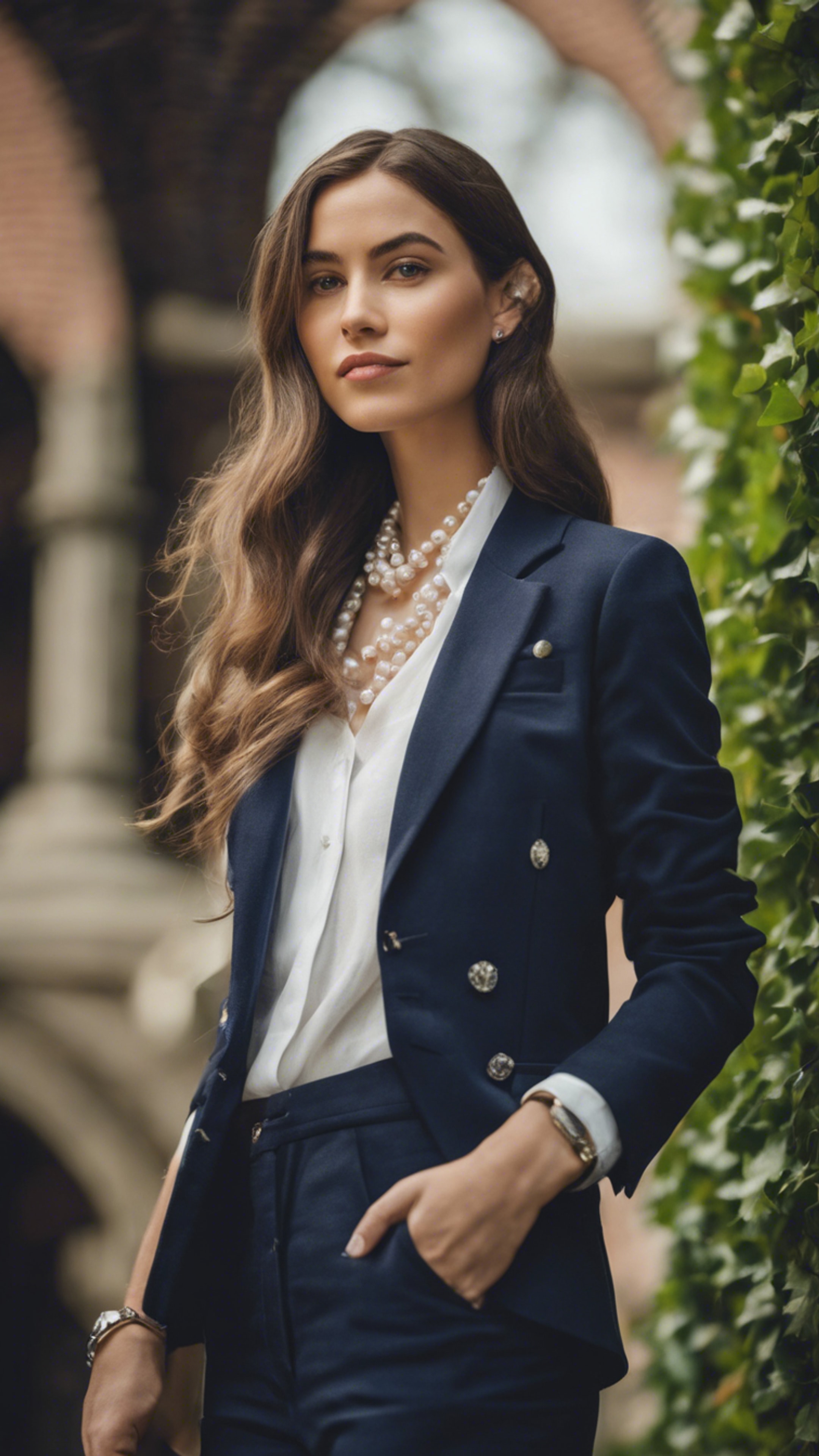 A portrait of a preppy woman in a navy blue blazer, pearl necklace, and a white linen shirt, posing in an Ivy League campus. Wallpaper[1775f808339c45cb81cf]