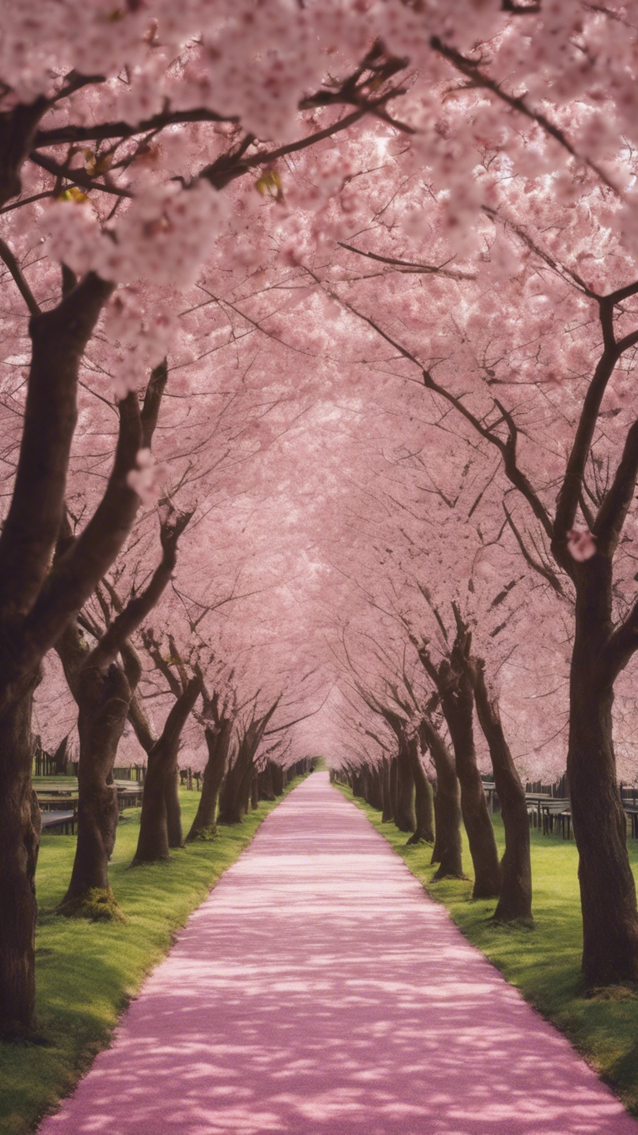 Canopies of cherry blossom trees creating a magnificent pink and white striped path in a tranquil garden.壁紙[b056f339baee4e38953e]