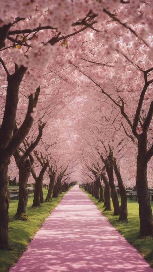 Canopées de cerisiers en fleurs créant un magnifique sentier rayé rose et blanc dans un jardin tranquille.