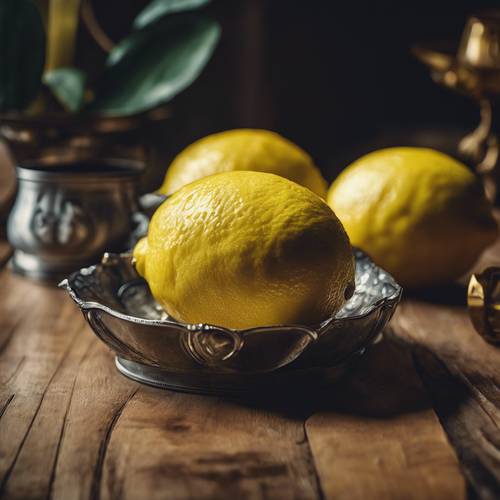Renaissance still life featuring a gleaming lemon poised on a wooden table.