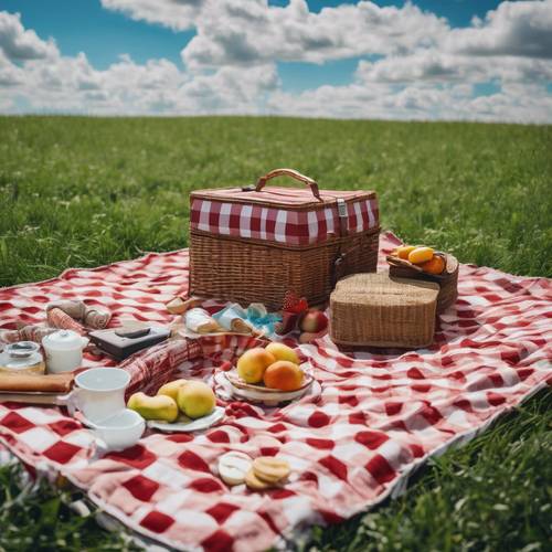Classic multicolored checkered picnic blanket spread on a grass field under a blue sky with fluffy white clouds.