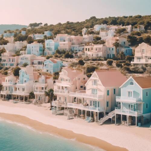 Очаровательный вид на пляж в средиземноморском стиле с белыми песчаными берегами и красивыми пляжными домиками в пастельных тонах.
