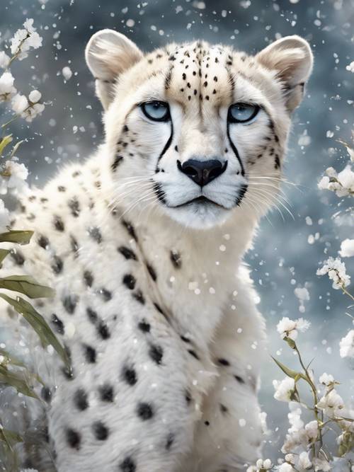 ภาพวาดสีน้ำของเสือชีตาห์สีขาวราวหิมะที่ฟื้นคืนความอ่อนเยาว์ด้วยน้ำพุที่ใสดุจคริสตัล
