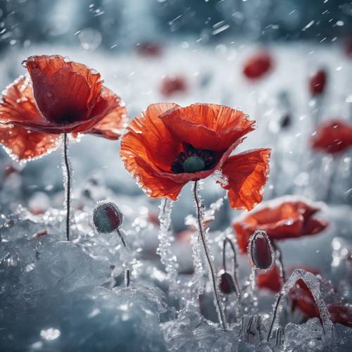 Red poppies frozen in ice, creating a contrast of passion and coldness.