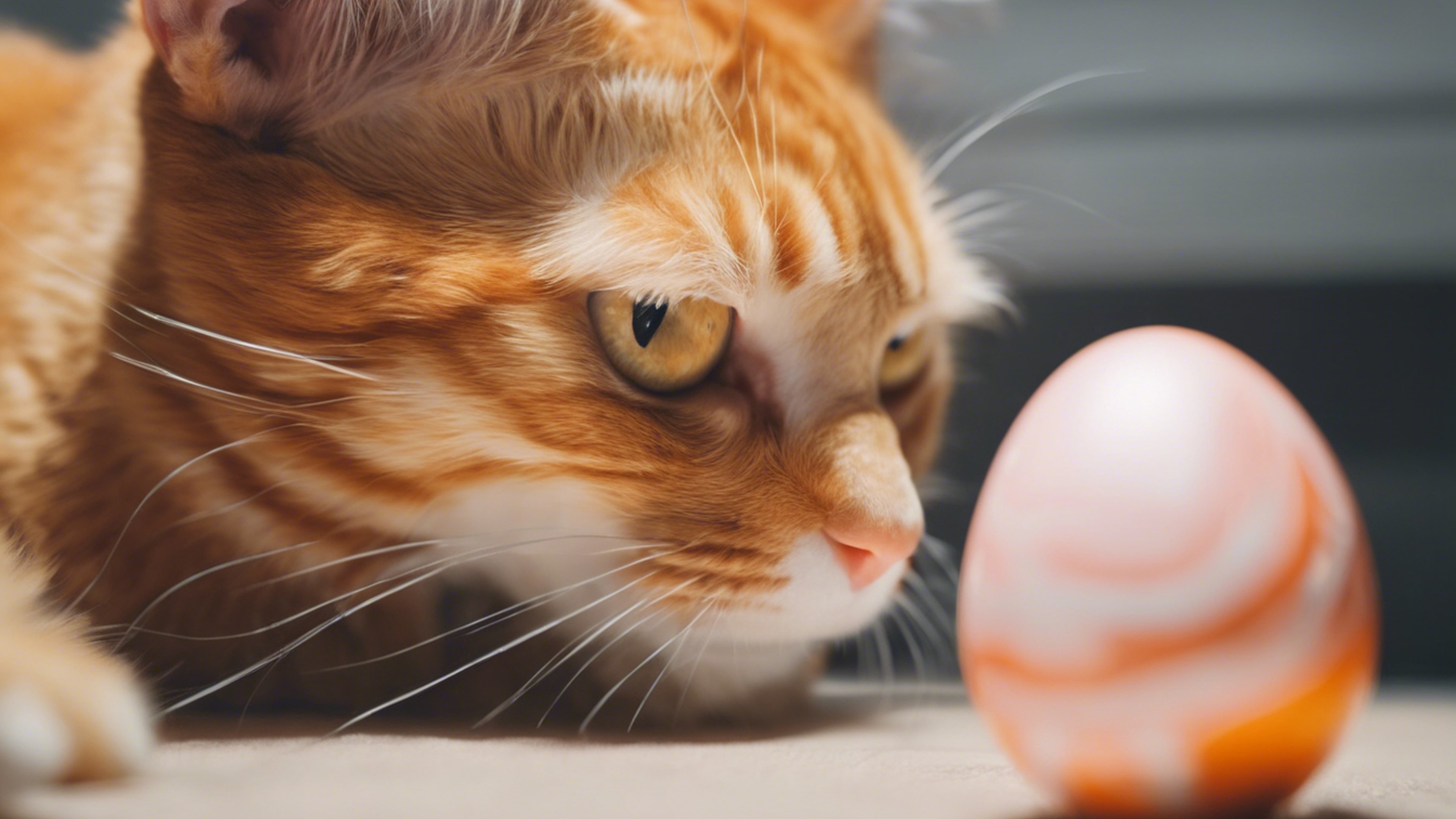 Close-up view of an orange tabby cat curiously examining a shiny Easter egg.壁紙[8ba18e697d9149748cf6]