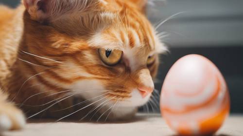 Nahaufnahme einer orange getigerten Katze, die neugierig ein glänzendes Osterei untersucht.
