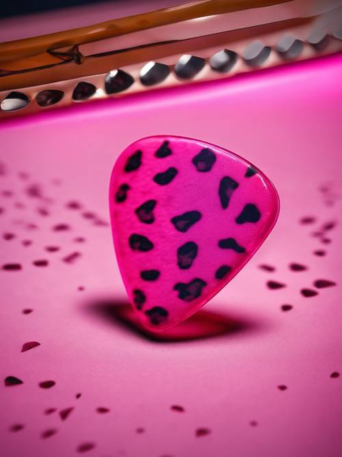A close-up image of a guitar pick with a neon pink cheetah print.