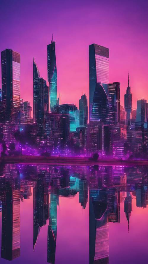 Cakrawala kota saat matahari terbenam dengan lampu neon ungu dan biru sejuk memantulkan gedung pencakar langit kaca.