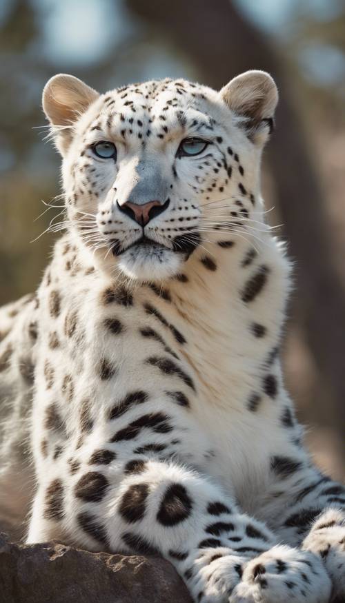 An elderly white leopard, its fur marked with age but its gaze still sharp, reclining on a rocky outcrop.
