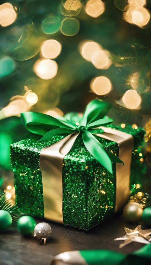 A green tinsel decorating a beautifully wrapped Christmas gift. Wallpaper [15d91a6d32764af3b062]