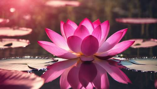 Un sereno loto rosa intenso flotando en un estanque tranquilo, rodeado por un aura radiante.
