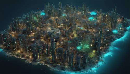 Un mapa 3D interactivo de una ciudad submarina iluminada por organismos bioluminiscentes