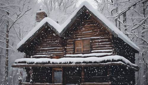 Snowflakes falling gently on the roof of an old wooden cabin in a quiet forest.