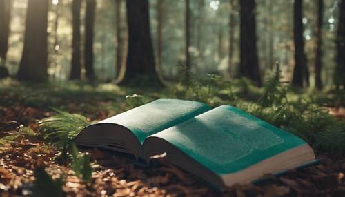 Un livre bleu sarcelle ouvert faisant apparaître une forêt magique dans une plaine.