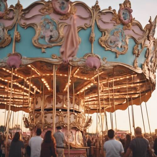 An old-fashioned fair with carousel in the sunset, all bathed in pastel tones.