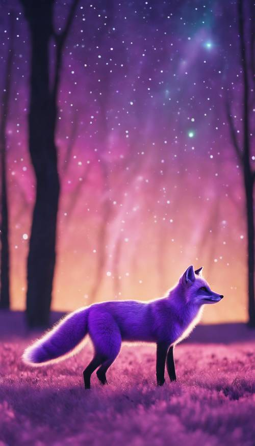 A playful purple fox dancing in a meadow under the Aurora Borealis Wallpaper [16263f90b6b04799b336]