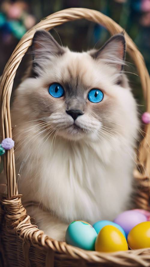 Adorable ragdoll cat with blue eyes peeping from a colorful Easter basket.
