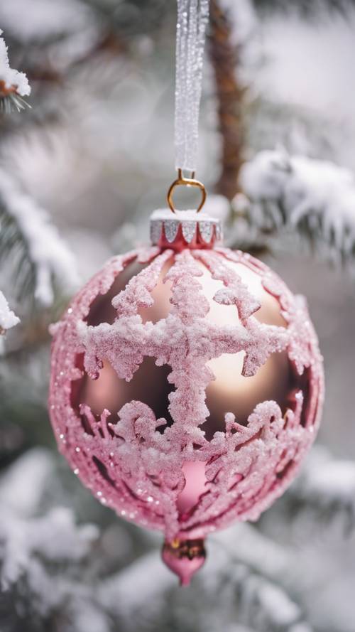 A close-up of a pink ornament hanging from a snow-covered Christmas tree.