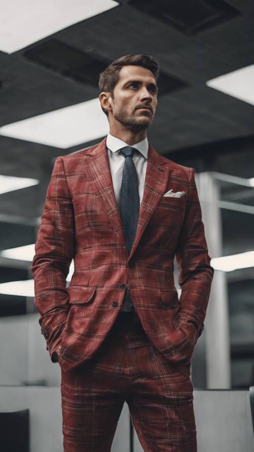 Sophisticated man wearing a red plaid suit, confidently standing in a modern office.