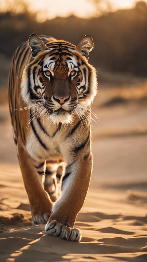 A close-up portrait of a majestic Bengal tiger walking on a sandy landscape under the golden hour sky