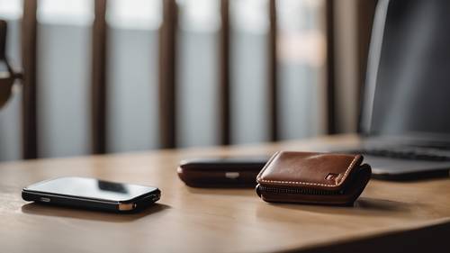 A pair of keys, a wallet, and an iPhone 12 mini on a side table.