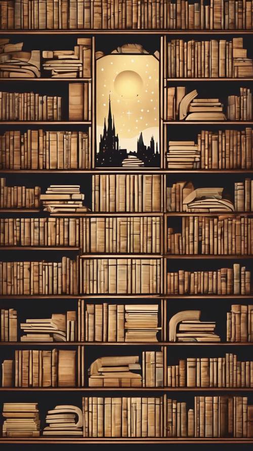 A bookshelf organized with books of varying heights creating a skyline silhouette of Sagittarius.