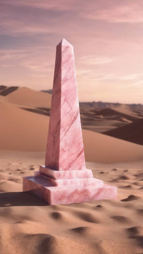 Obelisco de mármore rosa elevando-se no meio de um deserto.