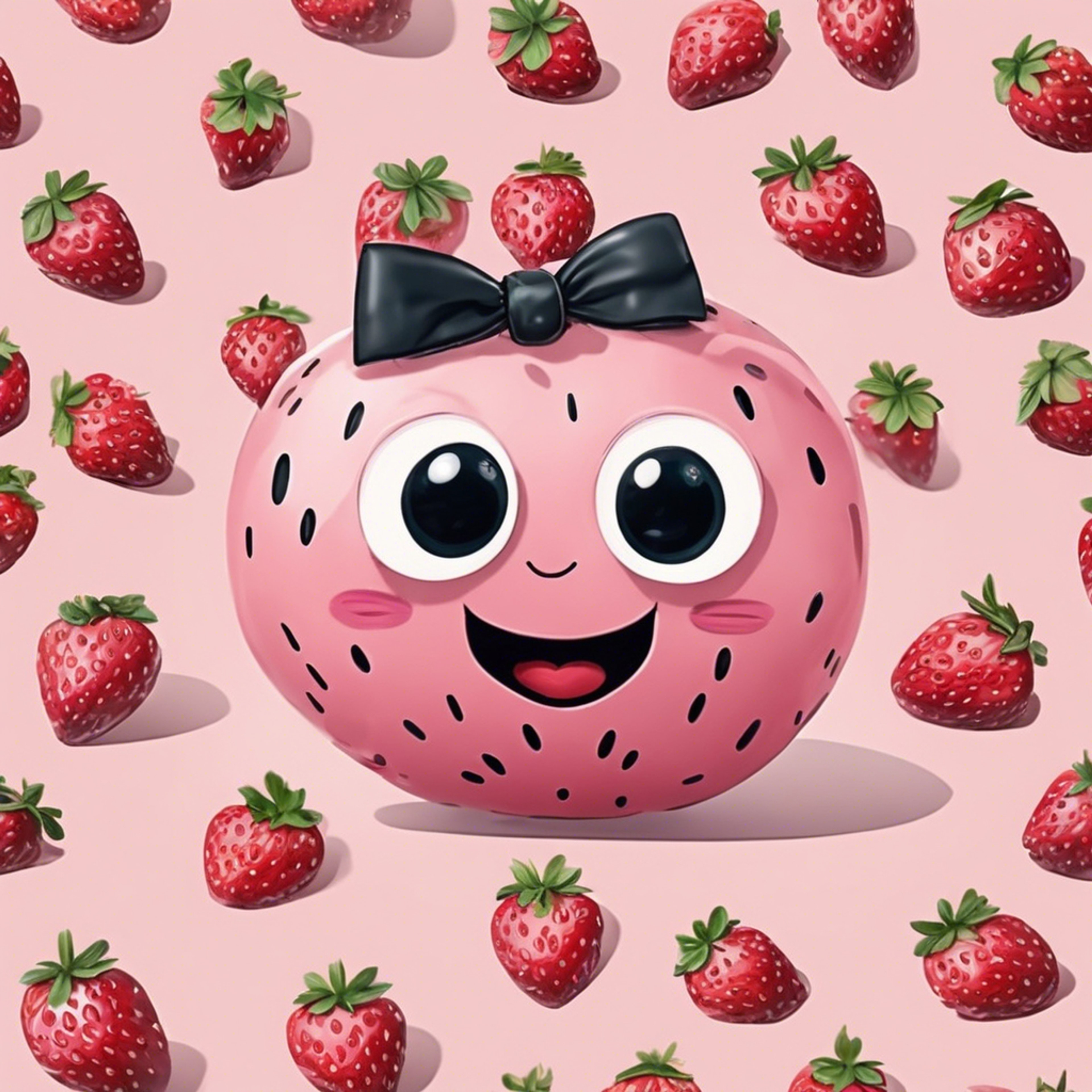 Cute, smiling light pink kawaii strawberries with big eyes and little bow ties. 墙纸[24a5e2efca874b08b7f4]