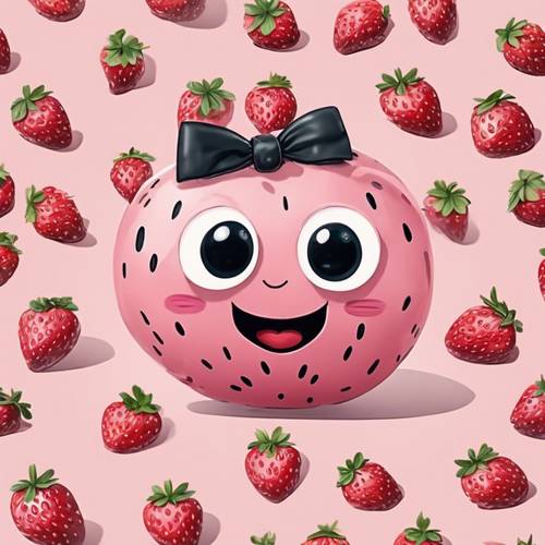 Cute, smiling light pink kawaii strawberries with big eyes and little bow ties.