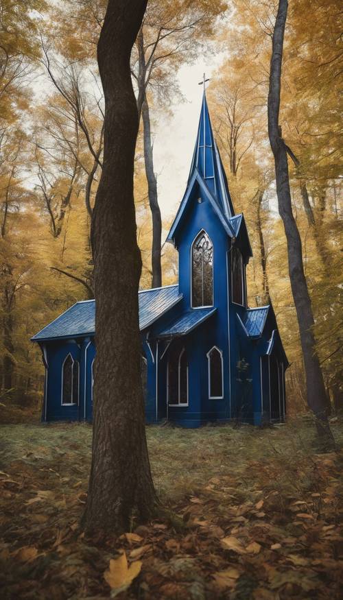 A small Christian chapel with dark blue stained glass windows, situated at the edge of a dense, mysterious forest.