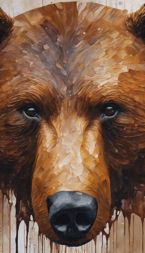Une peinture abstraite représentant la forme d’un ours brun.