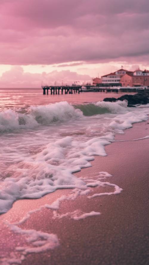 A vivid scene of a seaside with a baby pink cloudy weather setting in.