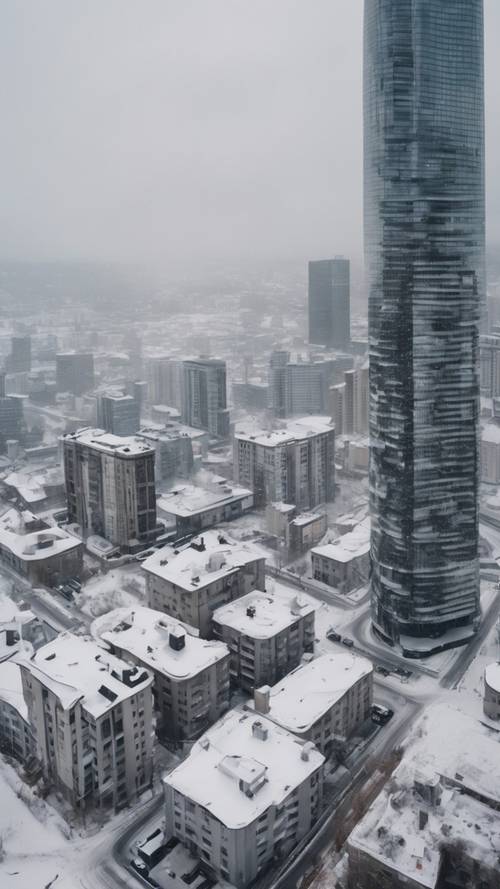Aerial view of a city showing a spread of white snow over the gray buildings.