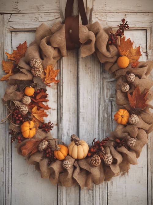 A handmade burlap wreath with dried fall leaves and tiny pumpkins on a wooden door.