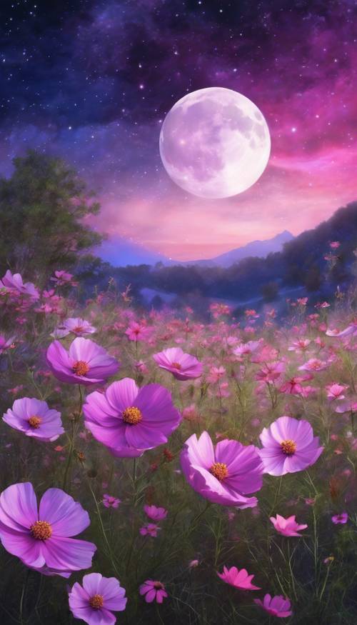Lukisan malam bulan purnama dengan padang rumput yang dipenuhi bunga kosmos berwarna merah muda dan ungu.