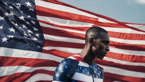Un ritratto di un atleta olimpico avvolto in una bandiera americana.