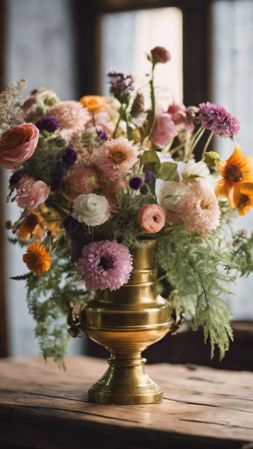 A Victorian arrangement of summer vintage flowers in a brass vase, sitting on a rustic wooden table.