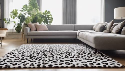 Um exuberante tapete cinza com estampa de leopardo espalhado em uma sala de estar minimalista.