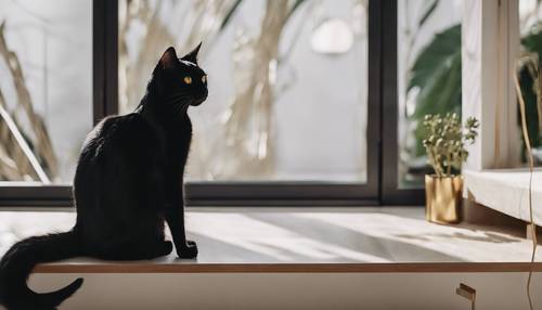 תמונה של חתול שחור עם עיני זהב מהממות יושב בבית עכשווי ומינימליסטי.