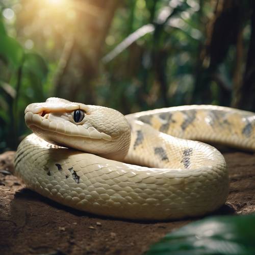 An albino Burmese python basking in a patch of warm sunlight in the heart of a tropical rainforest.