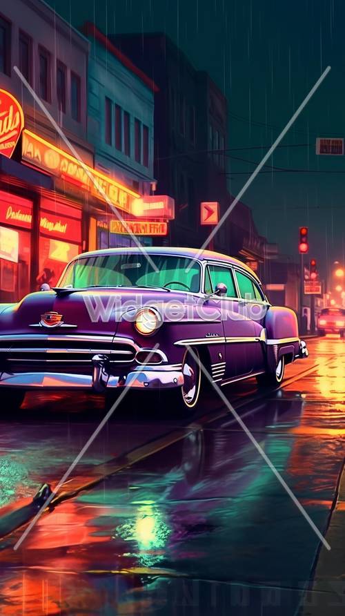 Geceleri Neon Şehir Caddesinde Eski Model Araba