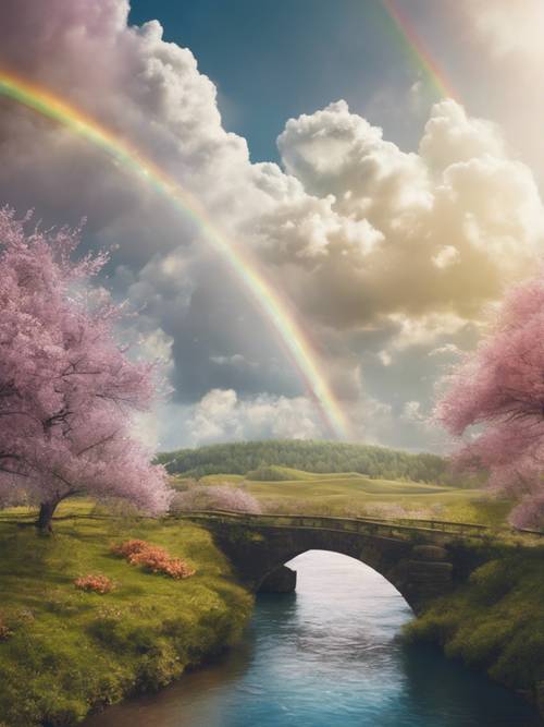 Un paisaje mágico con un puente de arcoíris sobre nubes esponjosas.