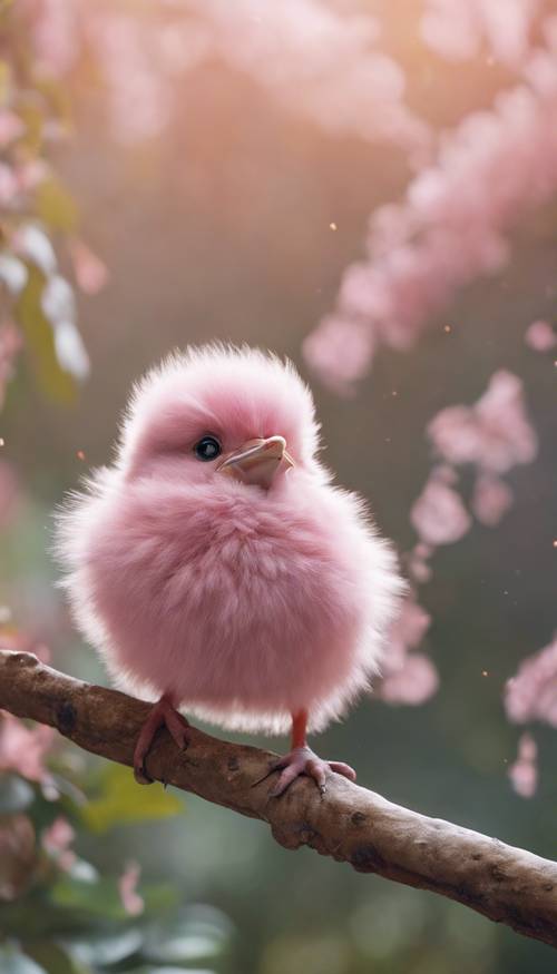 A fluffy baby pink bird," with its beak wide open waiting for food from its mother.