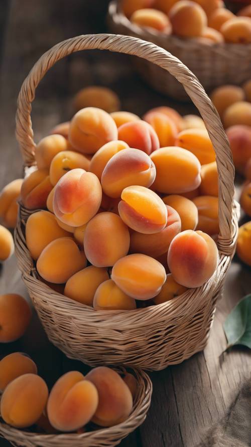 Una cesta llena de albaricoques maduros de color naranja claro.