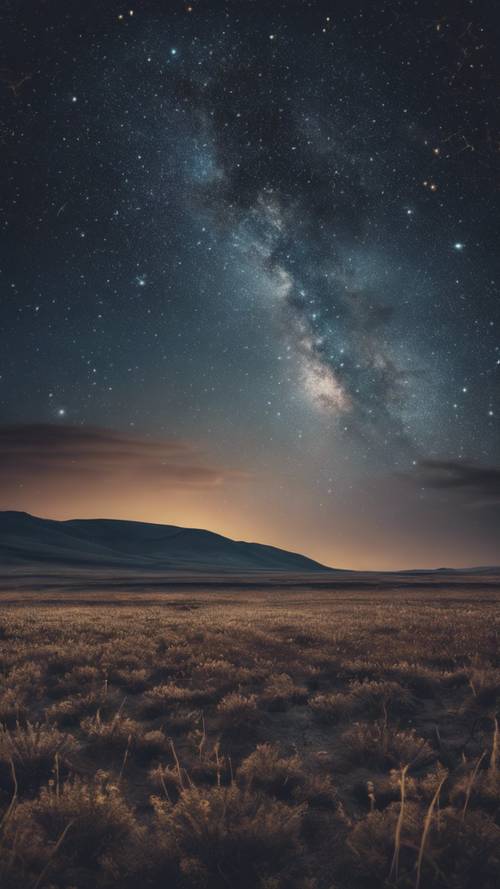 Un paisaje llano surrealista bajo el cielo estrellado de la noche.