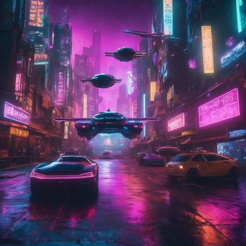 Adegan cyberpunk dengan mobil terbang melaju melintasi lanskap kota yang diterangi lampu neon di bawah pemandangan luar angkasa.