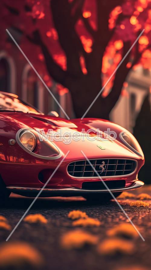 Klasik Kırmızı Spor Arabayla Sonbahar Sürüşü